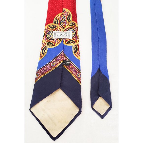 Gianni Versace Mens Vintage 1990's Red/Blue Silk Scarf Print Necktie Tie - Picture 5 of 8